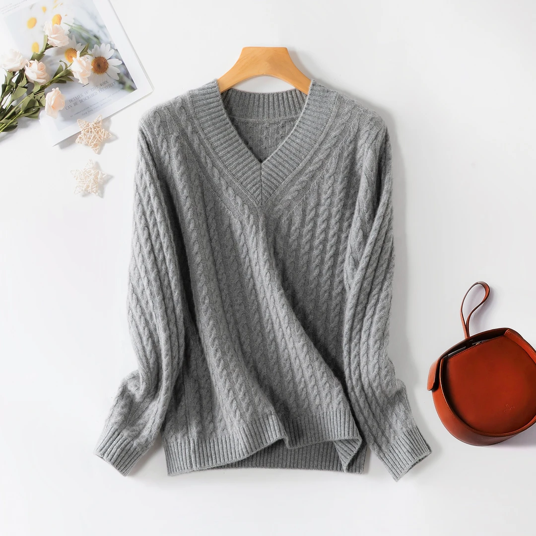 shulanduo/数兰朵套头羊绒100%纯山羊绒保暖女士针织毛衣V领厚款