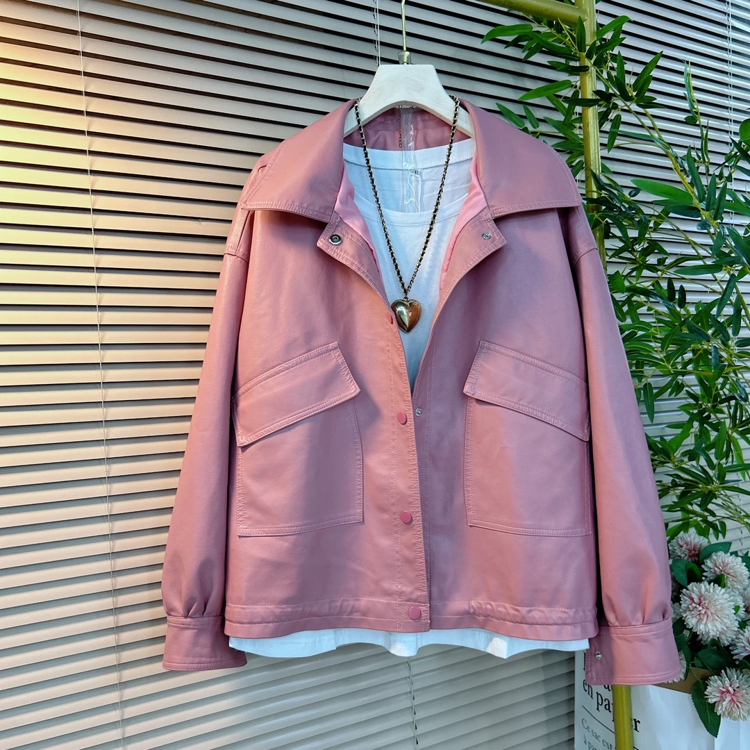 6609早春新款胖妹妹时尚休闲翻领大兜款纯色百搭水洗pu皮百搭外套