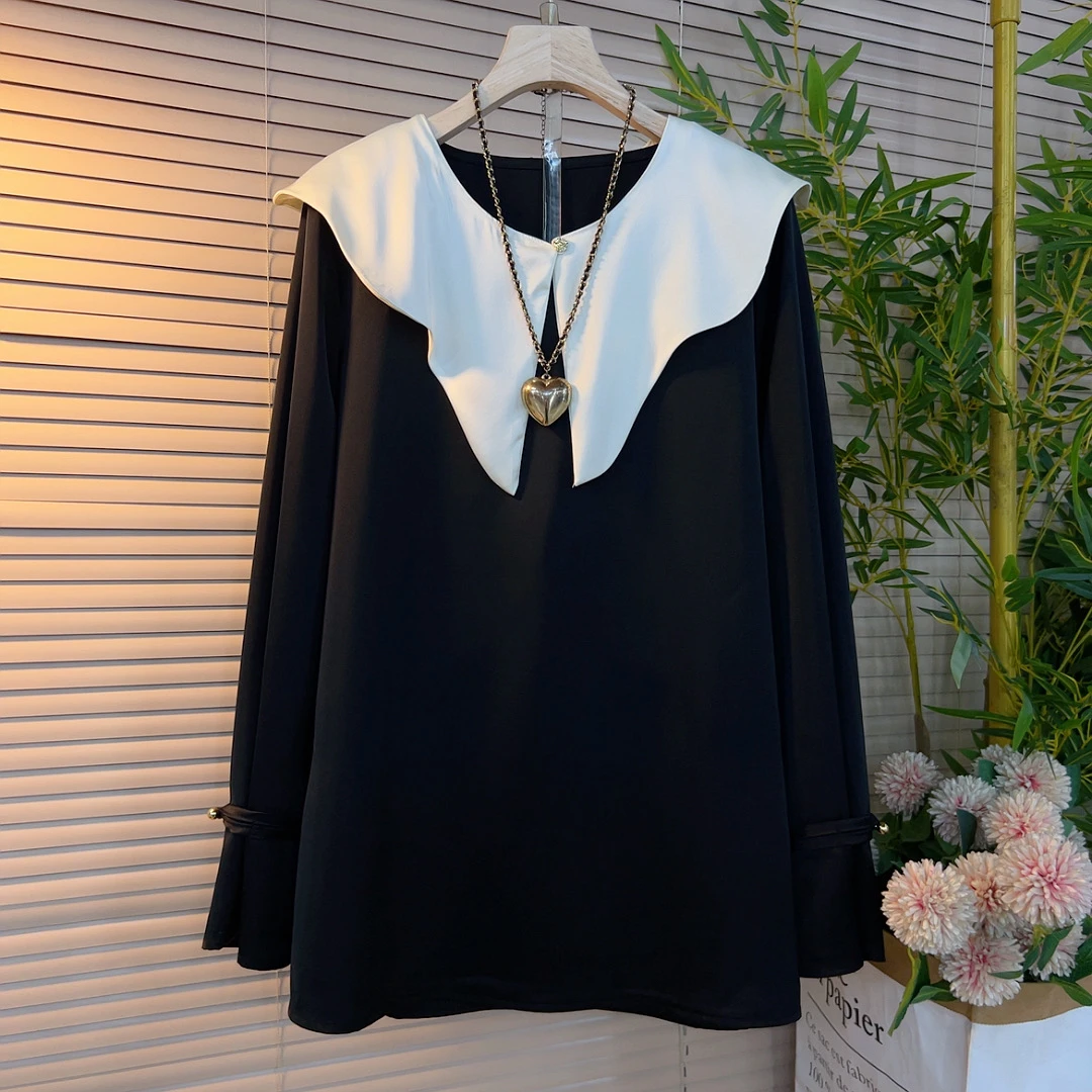 5655胖妹妹时尚韩版宽松拼色款慵懒风遮肉显瘦中长款气质百搭上衣