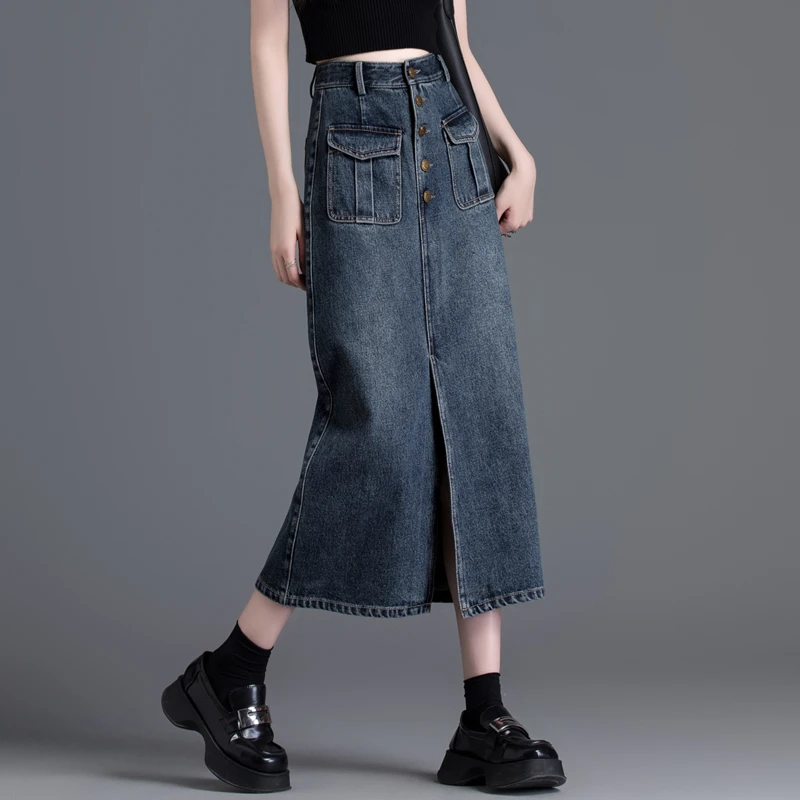复古高腰牛仔裙包臀裙2025新款中长款裙子春秋季半身裙开叉A字裙