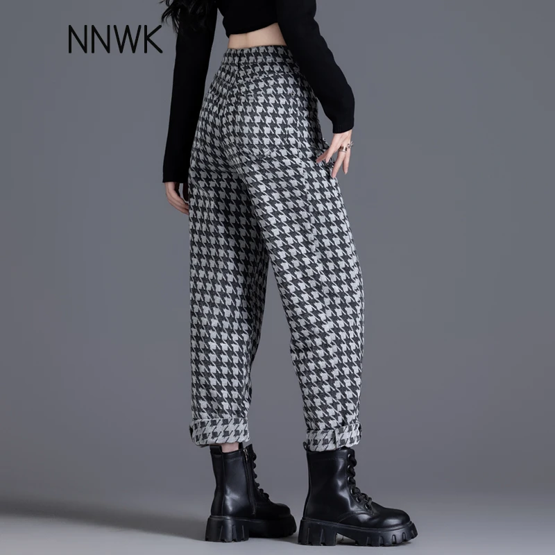 雪尼尔牛仔裤女秋冬加厚千鸟格裤子2025新款哈伦小个子九分萝卜裤