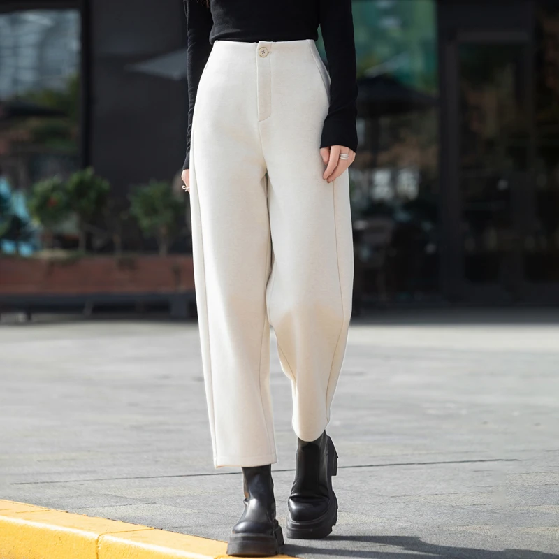 羊毛萝卜裤奶白色毛呢裤子萝卜裤秋冬季女裤休闲裤高腰时尚九分裤