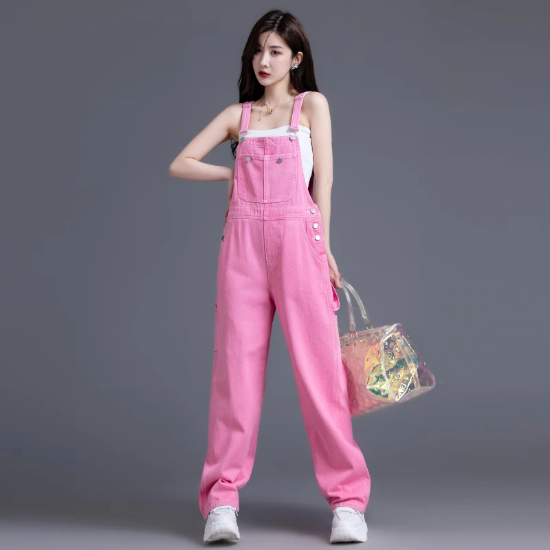 粉色牛仔背带裤女2025春秋季新款时尚彩色女孩直筒连体裤阔腿裤子
