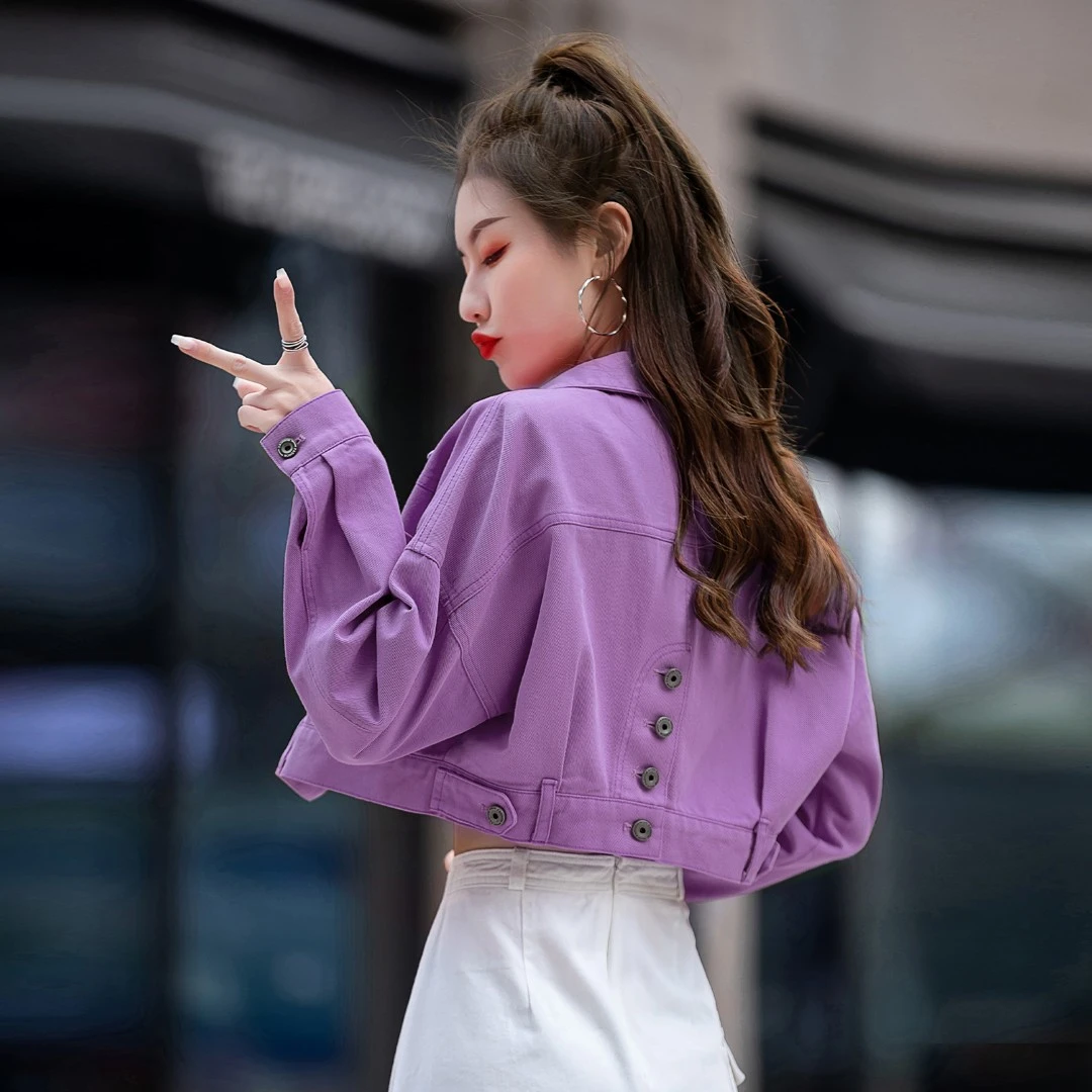 紫色牛仔外套女春秋天新款高级设计感女装短款休闲上衣小个子夹克