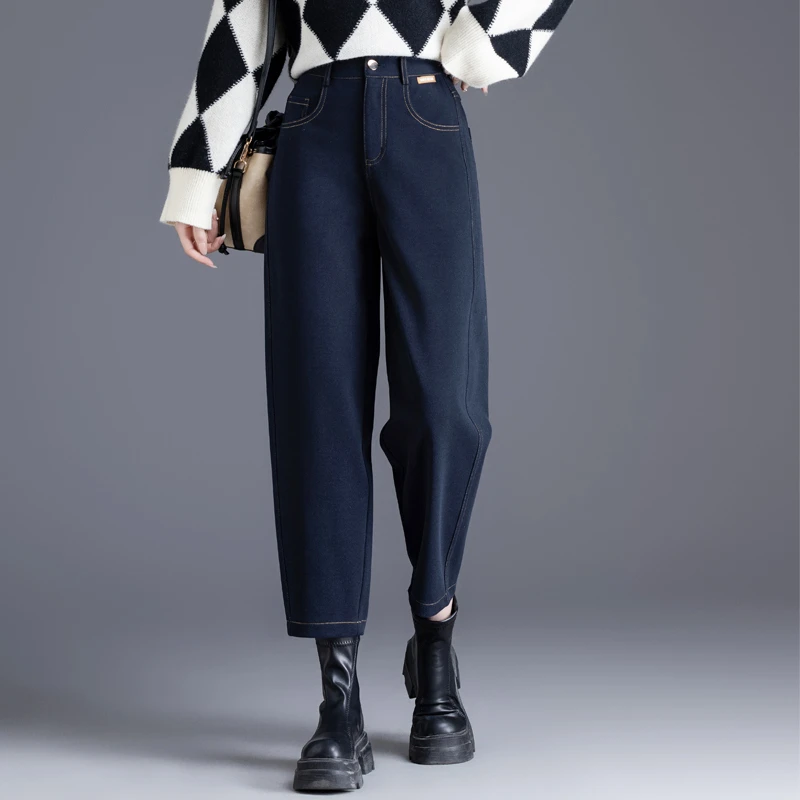 秋冬藏青色裤子女2025年新款加厚毛呢镰刀裤宽松九分裤休闲哈伦裤