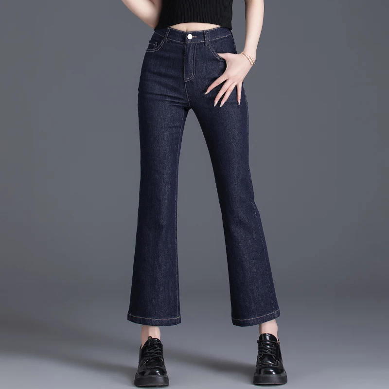 深蓝色高腰微喇叭牛仔裤女2025春秋季新款显瘦裤子女小个子九分裤