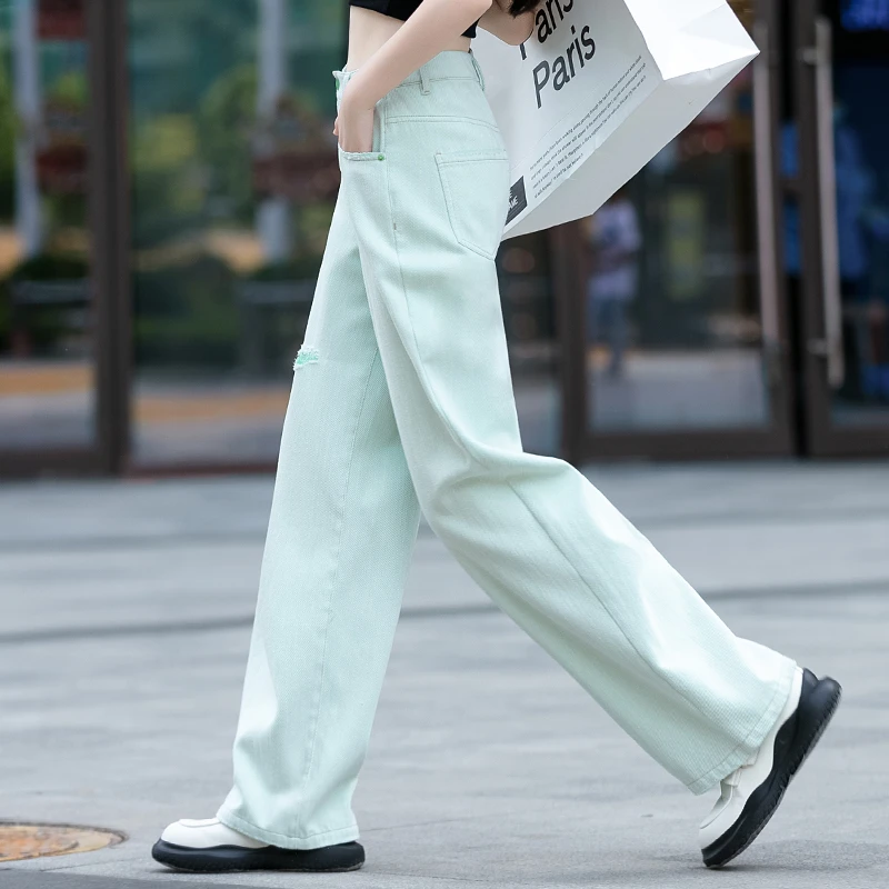 浅绿色高腰破洞牛仔裤女款爆款2025新款设计感直筒裤窄版阔腿裤子