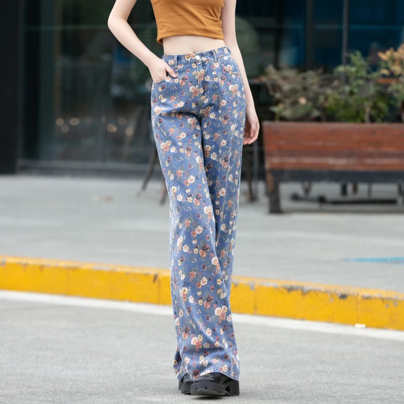 印花牛仔裤女高腰显瘦宽松阔腿裤2025春秋季直筒裤碎花休闲长裤子