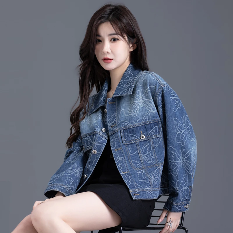 牛仔外套女2024年春秋蝴蝶提花宽松上衣短款印花韩版设计感夹克女
