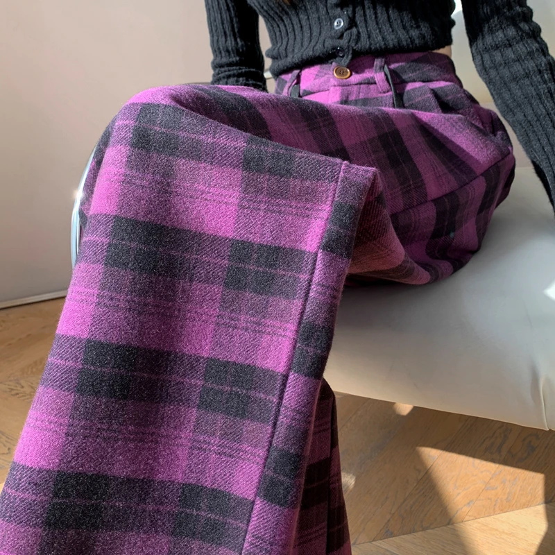 时尚显瘦格子阔腿裤女秋冬加厚保暖女裤复古格纹毛呢裤宽松直筒裤