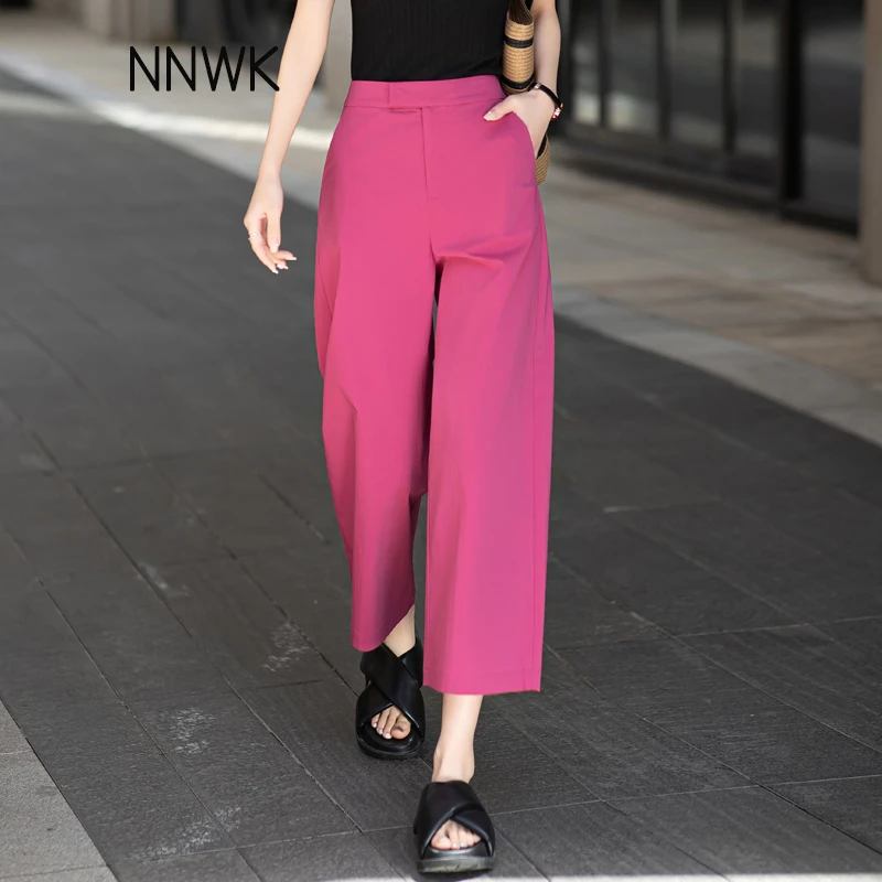 玫瑰紫色薄款九分裤夏季垂感直筒裤时尚高腰休闲裤宽松气质女裤子