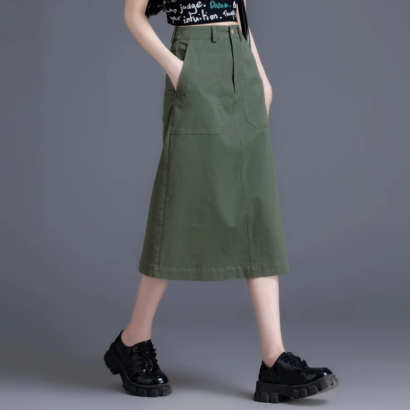 军绿色气质半身裙女春秋新款牛仔裙小个子a字裙显瘦包臀裙子半裙