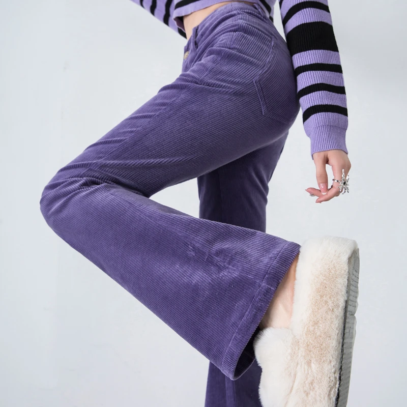 紫色灯芯绒裤子女秋冬2025新款高腰微喇裤显瘦显腿长条绒喇叭长裤