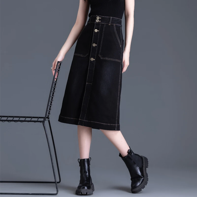 黑色牛仔裙开叉半身裙2025新款秋冬季加厚直筒气质包臀裙子中长款