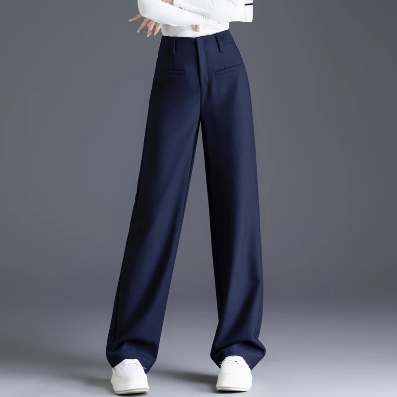 蓝色西装裤子女新款春秋垂感加绒长裤窄版阔腿裤休闲裤高腰直筒裤