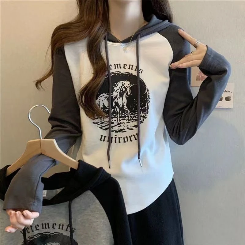 2023新款连帽长袖T恤女撞色百搭拼色插肩上衣减龄显瘦春秋季卫衣