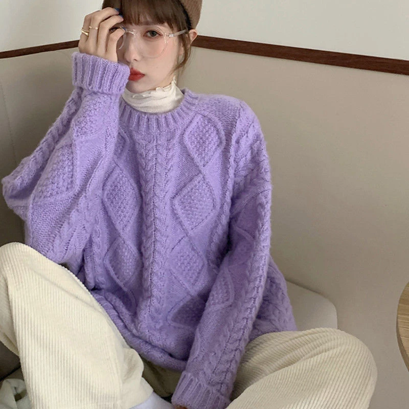 秋冬新款加厚宽松麻花毛衣女外穿韩版百搭慵懒风学生针织衫上衣女