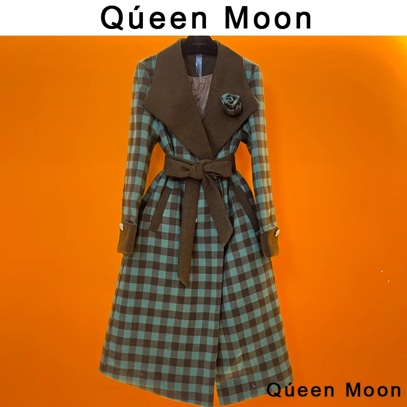 【QúeenMoon】设计师经典时尚气质轻奢格纹大衣毛呢外套(定制女装)