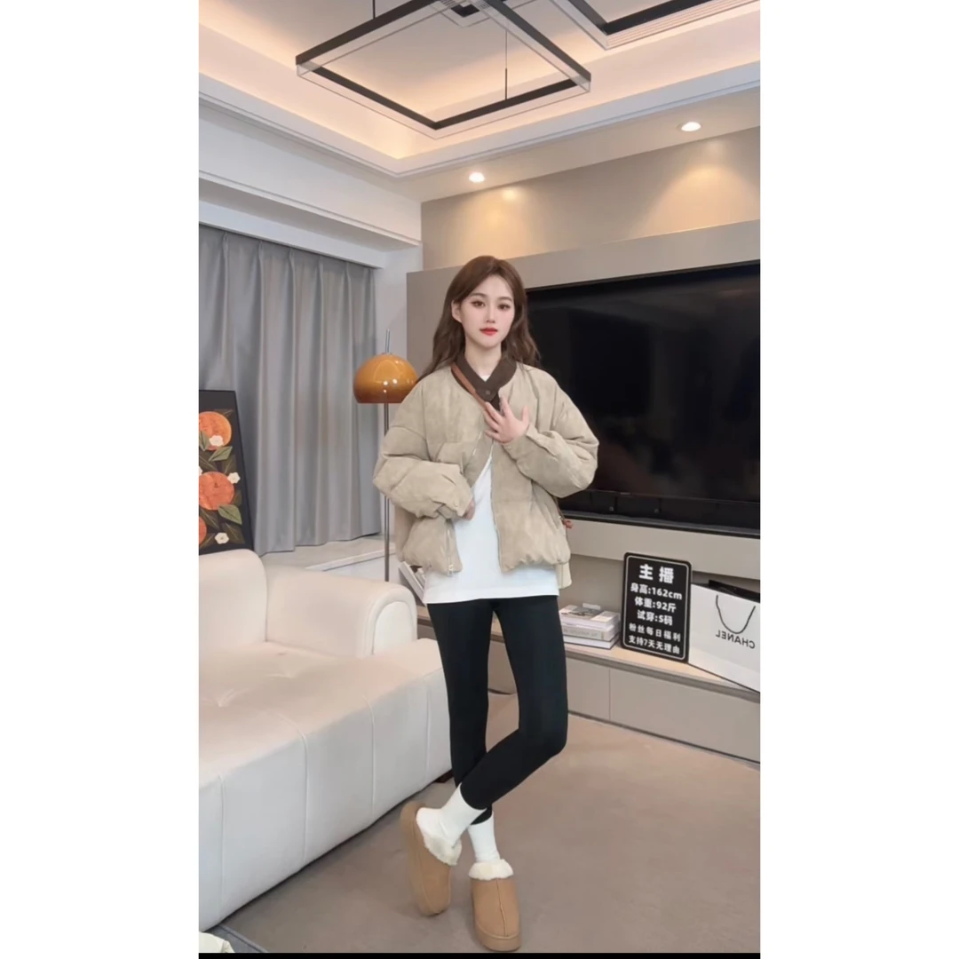 短款棉服女冬季2024新款卡其色小个子棉服圆领面包服加厚外套