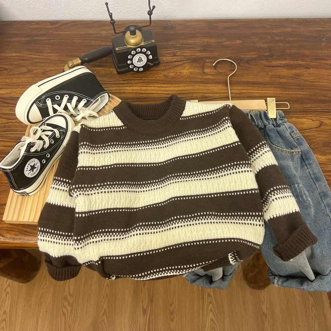 儿童秋冬新款毛衣针织衫百搭复古条纹套头圆领简约毛衣男童女童