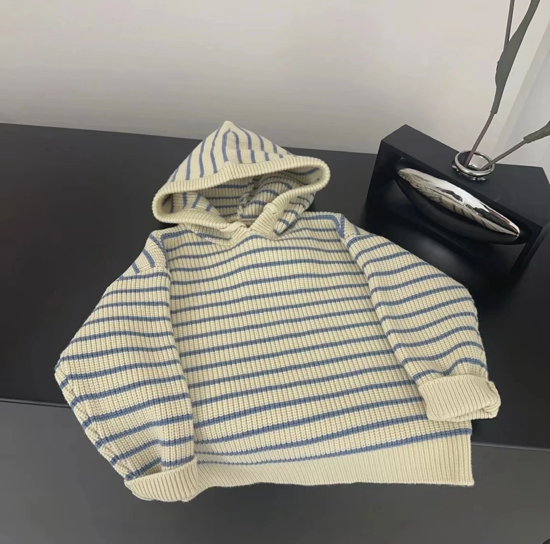 【番薯妈妈专属】 儿童秋冬宽松条纹百搭洋气针织衫套连帽毛衣毛衣