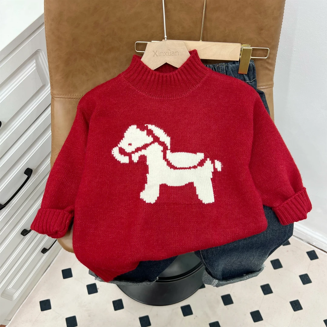 红色小马秋冬新款儿童毛衣针织衫厚毛衣打底圆领套头毛衣韩版软