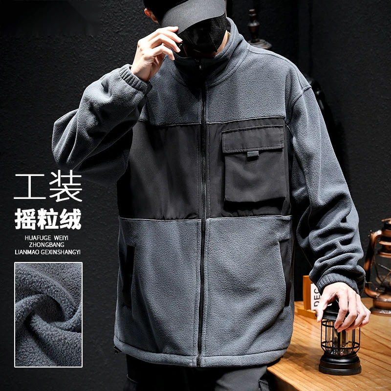 美式复古摇粒绒春秋季大码休闲开衫夹克秋冬运动工装上衣潮JK0135