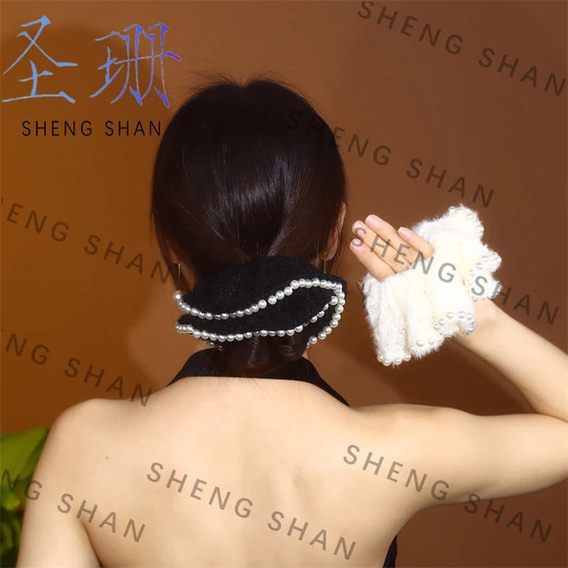 圣珊2023网红爆款珠珠毛线发绳蓬松花苞头头饰温婉气质皮筋发饰