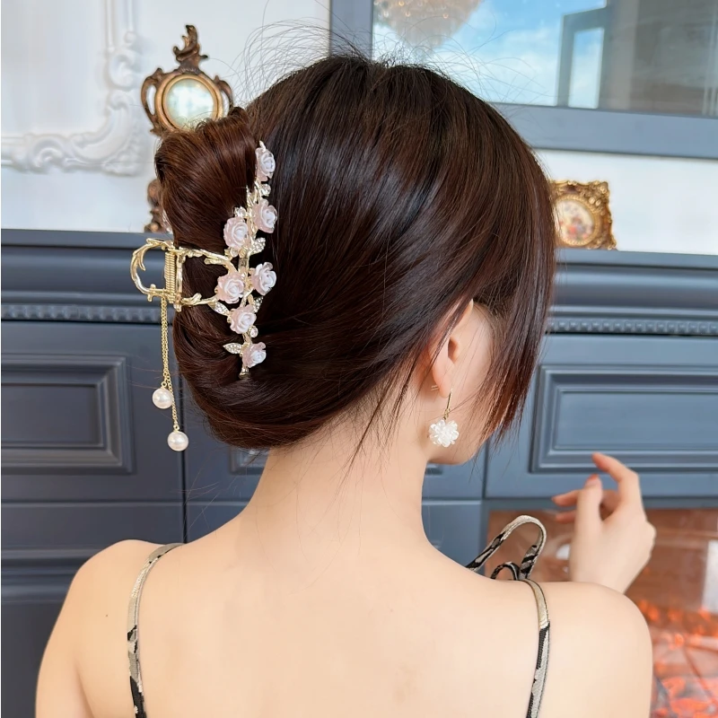 合金树脂发饰发饰发夹气质胭脂雪新款花朵流苏11公分抓夹女士