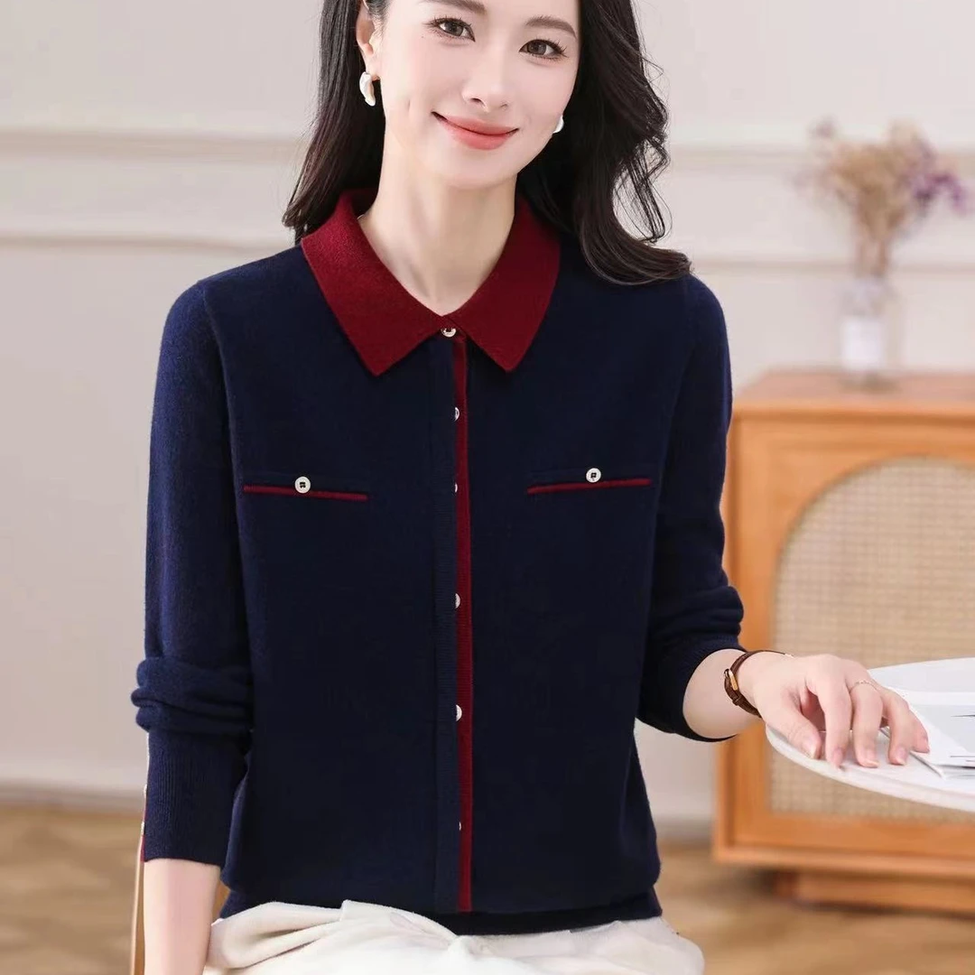 女士羊毛上衣秋冬季翻领气质针织打底衫