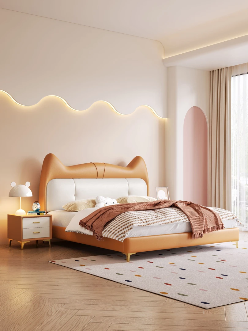 萌耳儿童床意式真皮1.2米1.35米1.5米公主床奶油风女孩男孩学生床