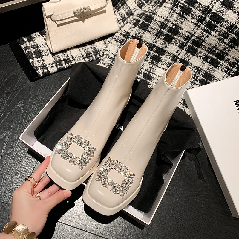 玥小姐手工女鞋~8.5cm高级感米白色高跟短靴防水台显高显瘦时装靴