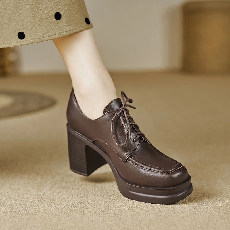 玥小姐~8cm英伦风系带小皮鞋女春秋百搭深口单鞋粗跟黑色高跟鞋子