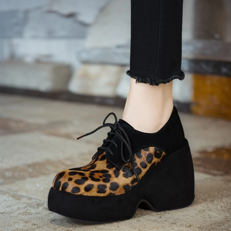 玥小姐手工女鞋10cm高跟厚底鞋时尚豹纹马毛真皮圆头坡跟深口单鞋