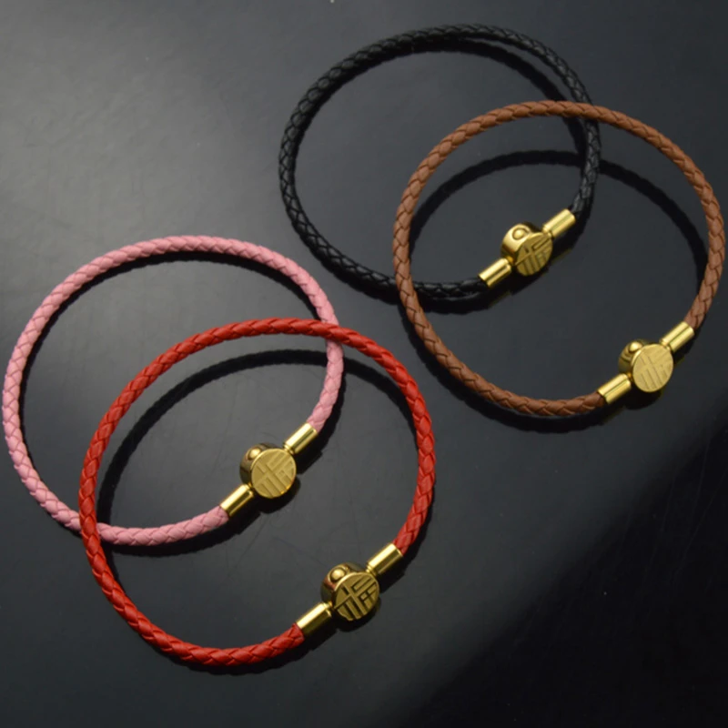 不锈钢皮质手链 3mm串金珠牛皮皮绳红绳手链转运珠diy手绳半成品