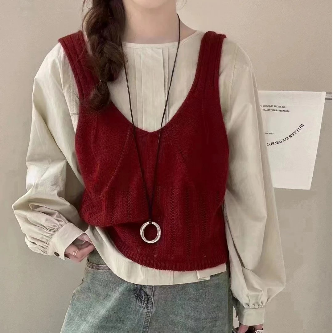 韩系针织+长袖女装衬衫两件套女秋季新款宽松百搭叠穿上衣女