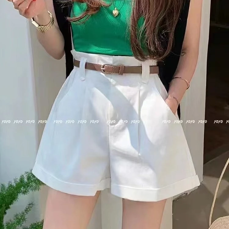 卷边高腰短裤女白色夏季新款韩版阔腿裤三分裤宽松休闲A字热裤