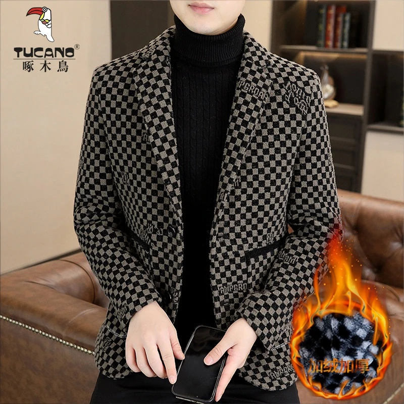 秋冬季格子西服男韩版修身潮流加绒加厚毛呢大衣休闲呢子西装外套