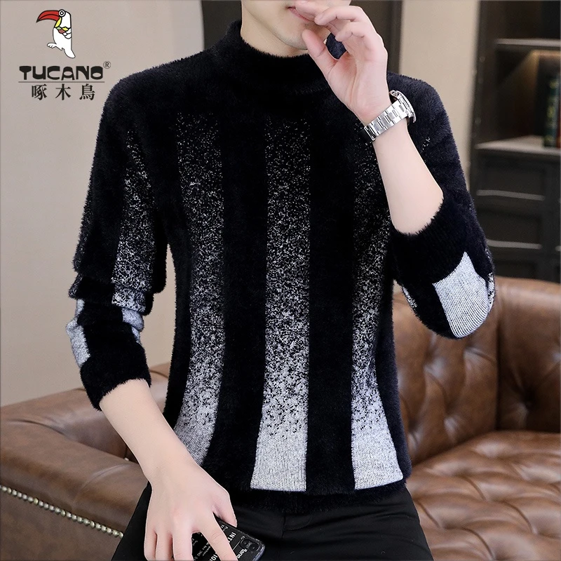 个性百搭男士水貂绒毛衣秋冬季修身加厚半高领打底衫条纹保暖线衣