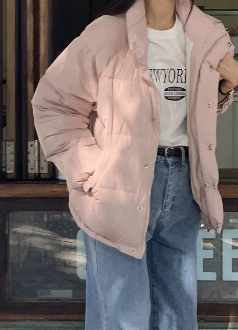 东大门冬季款保暖百搭纯色外套无帽拉链款面包大衣（no退换）