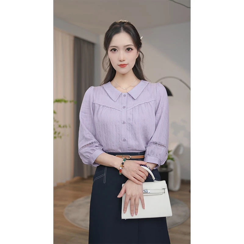 曼贝8492419丁香紫纯色春夏时尚女装百搭通勤气质