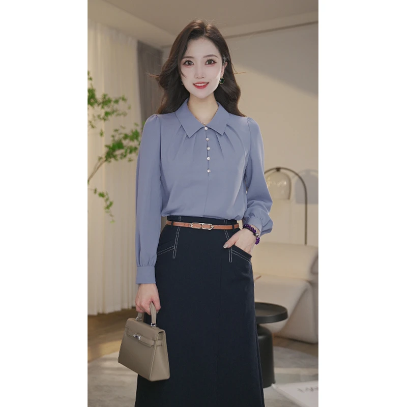 【曼贝服饰】高级设计感温柔职业通勤衬衫 8493083蓝色时尚小众