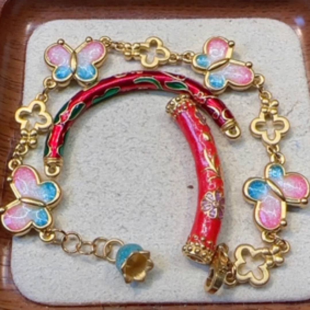 足金999烧蓝蝴蝶手链弯管半镯