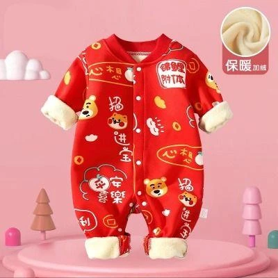 婴儿新款加绒连体哈衣男宝爬服女宝秋冬新生儿加厚保暖外出服抱衣
