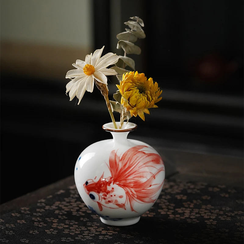 景德镇手绘金鱼天球瓶花插摆件玄关装饰瓷器陶瓷花器中式禅意书房