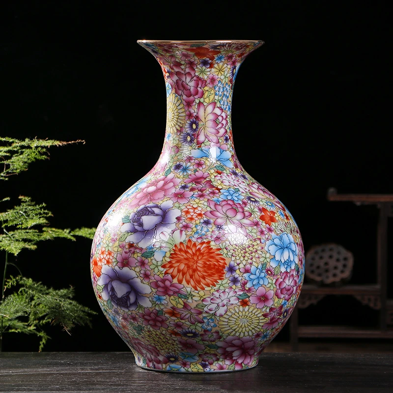 景德镇陶瓷珐琅彩万花描金赏瓶 中式家居客厅瓷器摆件工艺品摆件
