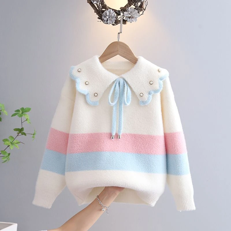 女童秋冬季水貂毛衣2023新款中大童加厚保暖洋气娃娃领打底衫