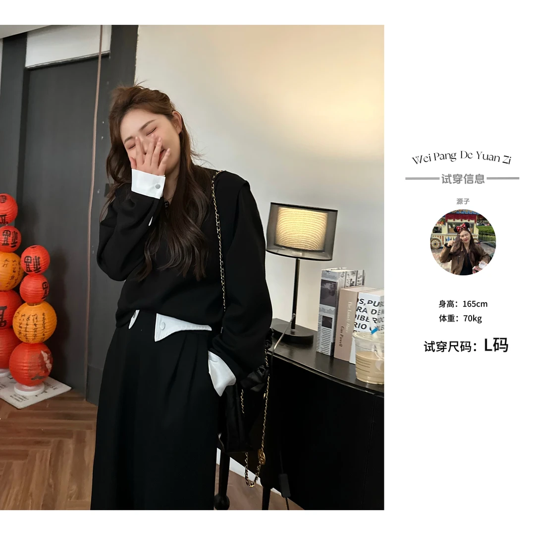楠序源子微胖女装 2025秋季时尚气质显瘦黑色两件套女款YZ30002