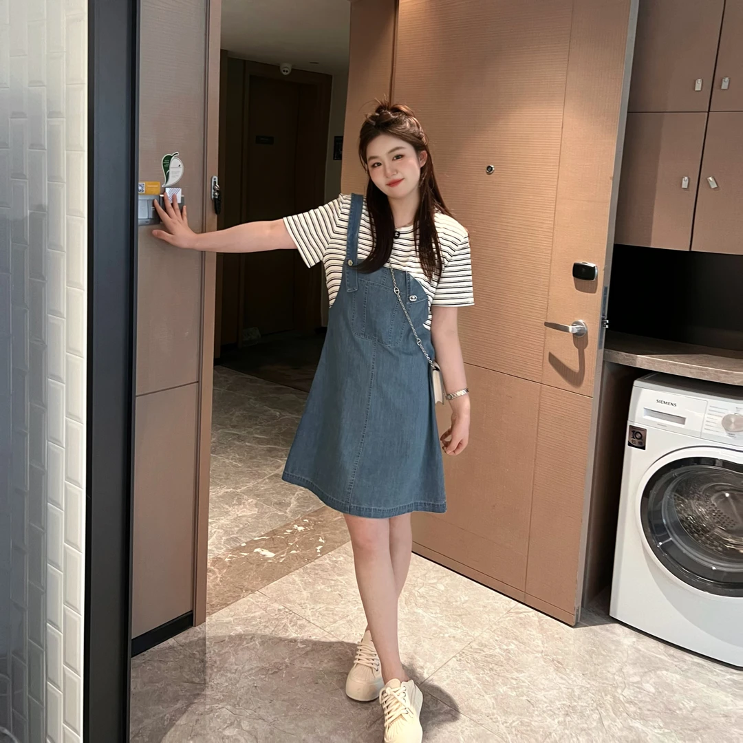 楠序源子微胖女装 2025夏季假两件显瘦牛仔裙子连衣裙女YZ31503