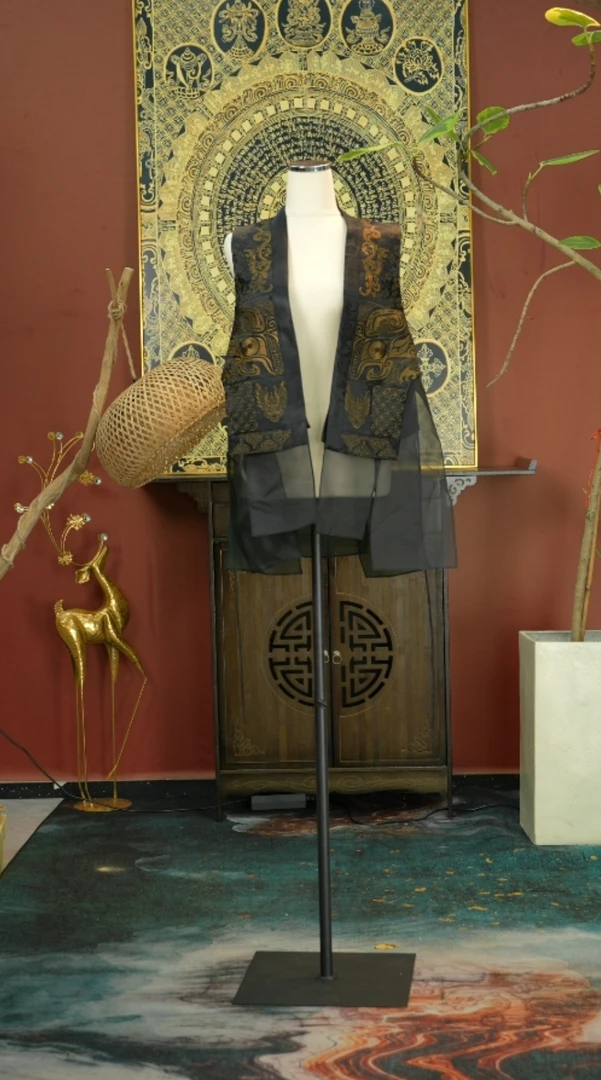 【忆江南】盘金绣手绣老缎欧根纱羊羔毛正反两穿秋冬新款马甲404039